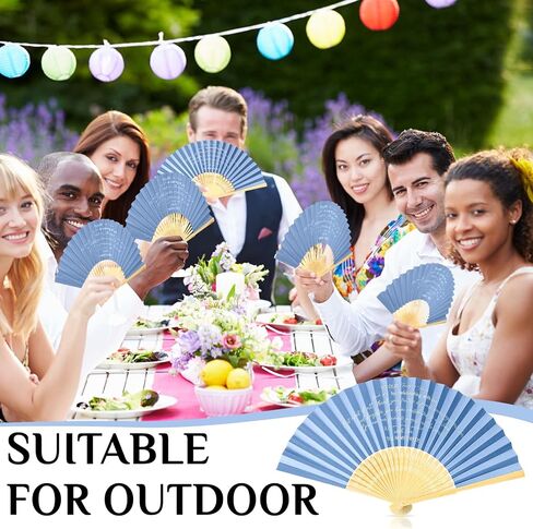 Pinkunn 50 Pieces Paper Folding Fans with Organza Bags Foldable Bamboo Fans Paper Hand Fans Bulk for Wedding Guests Bridesmaid Bridal Shower Party Favors Decor (Haze Blue) in Saudi Arabia