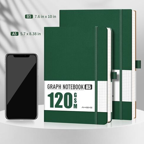 دفتر ورق الرسم البياني AHGXG - مجلة دفتر الشبكة A5، ورق رسم بياني سميك 120 جرام في المتر المربع، 160 صفحة، غلاف جلدي، للرسوم البيانية والكتابة والرياضيات والهندسة، 5.75 بوصة × 8.38 بوصة - أخضر داكن in Kuwait