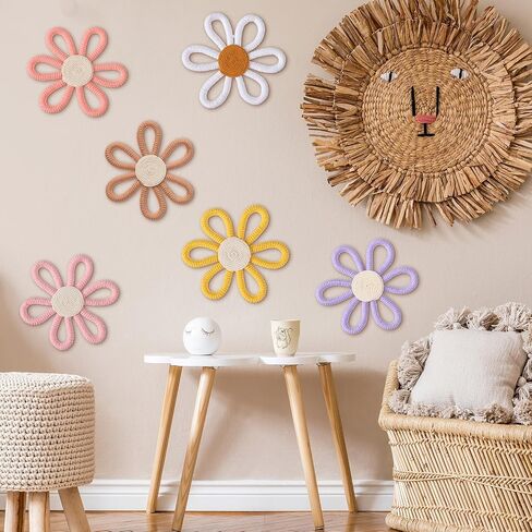 6 Pcs Boho Daisy Flower Wall Art Decor Boho Nursery Wall Art Decor Daisy Flower Woven Macrame Wall Hanging for Home Indoor Decorations(Classic Color,Yarn and Cotton Rope) in Saudi Arabia