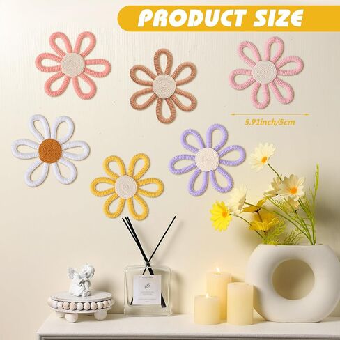 6 Pcs Boho Daisy Flower Wall Art Decor Boho Nursery Wall Art Decor Daisy Flower Woven Macrame Wall Hanging for Home Indoor Decorations(Classic Color,Yarn and Cotton Rope) in Saudi Arabia