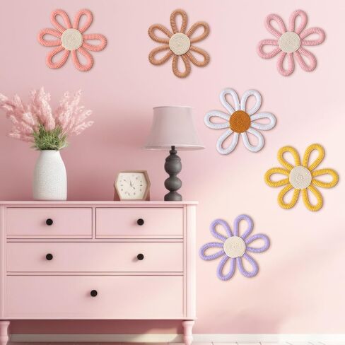 6 Pcs Boho Daisy Flower Wall Art Decor Boho Nursery Wall Art Decor Daisy Flower Woven Macrame Wall Hanging for Home Indoor Decorations(Classic Color,Yarn and Cotton Rope) in Saudi Arabia