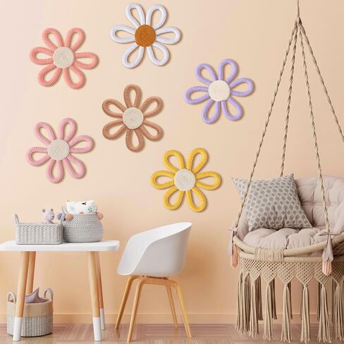 6 Pcs Boho Daisy Flower Wall Art Decor Boho Nursery Wall Art Decor Daisy Flower Woven Macrame Wall Hanging for Home Indoor Decorations(Classic Color,Yarn and Cotton Rope) in Saudi Arabia