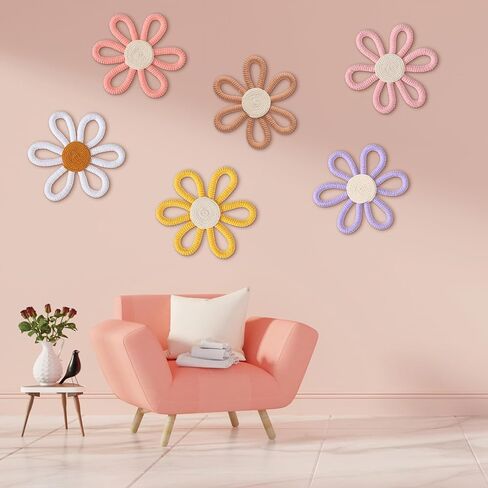 6 Pcs Boho Daisy Flower Wall Art Decor Boho Nursery Wall Art Decor Daisy Flower Woven Macrame Wall Hanging for Home Indoor Decorations(Classic Color,Yarn and Cotton Rope) in Saudi Arabia