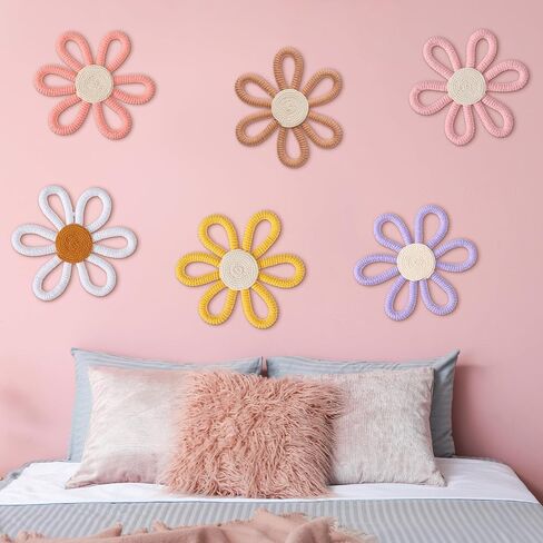 6 Pcs Boho Daisy Flower Wall Art Decor Boho Nursery Wall Art Decor Daisy Flower Woven Macrame Wall Hanging for Home Indoor Decorations(Classic Color,Yarn and Cotton Rope) in Saudi Arabia