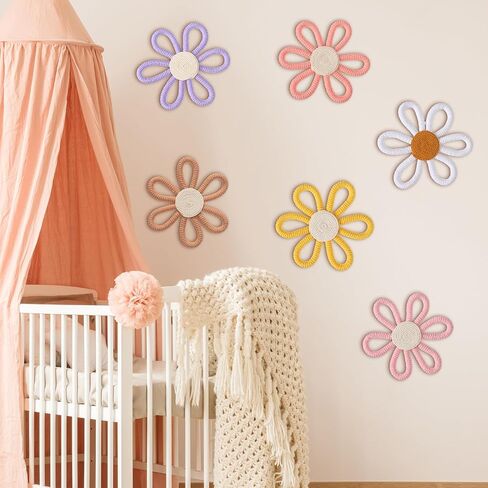 6 Pcs Boho Daisy Flower Wall Art Decor Boho Nursery Wall Art Decor Daisy Flower Woven Macrame Wall Hanging for Home Indoor Decorations(Classic Color,Yarn and Cotton Rope) in Saudi Arabia