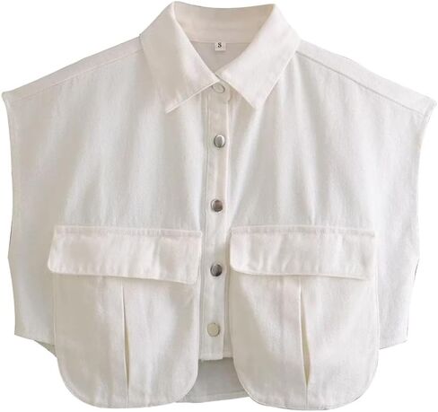 سترة جينز نسائية من كيسونيك بدون أكمام، سترة جينز بأزرار سفلية، جيوب مزدوجة، صدرية قصيرة مزخرفة (أبيض-S) in Kuwait