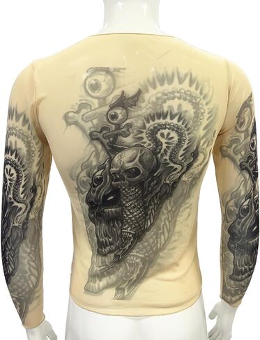 Men's Mesh Fake Tattoo Print Long Sleeve T-Shirt Tribal Inspired Tops Party Cosplay Clubwear in Kuwait