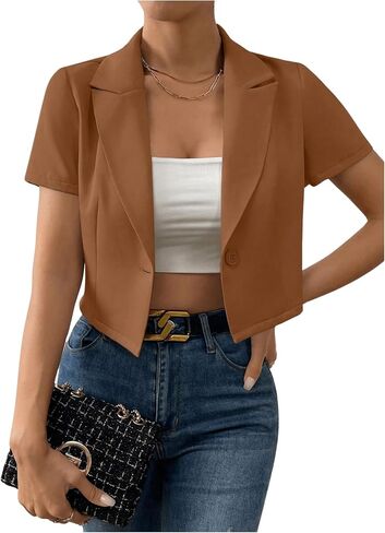 OYOANGLE Women's Button Down Lapel Neck Crop Jackets Short Sleeve Business Blazers in Saudi Arabia