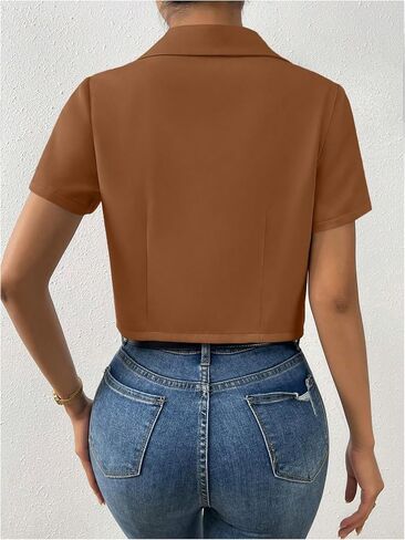 OYOANGLE Women's Button Down Lapel Neck Crop Jackets Short Sleeve Business Blazers in Saudi Arabia