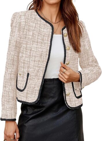 Cicy Bell Womens Cropped Tweed Blazer Jackets Collarless Long Sleeve Work Business Casual Outfits in Saudi Arabia