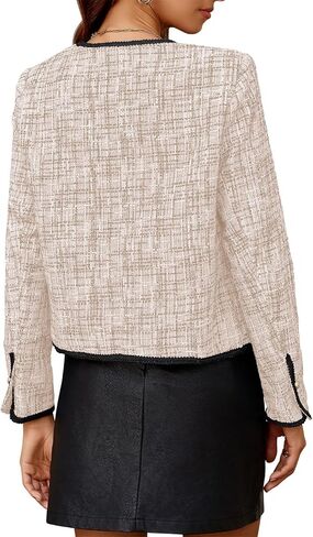 Cicy Bell Womens Cropped Tweed Blazer Jackets Collarless Long Sleeve Work Business Casual Outfits in Saudi Arabia
