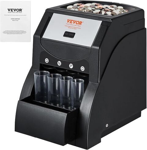 VEVOR Currency Organizer, USD Coin Sorting Device for 1￠, 5￠, 10￠, 25￠ Coins, Capable of Organizing 230 Coins/Min, Includes Coin Wrapping Function with 4 Tubes, Capacity of 200 Coins, Black\ in Saudi Arabia