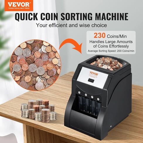 VEVOR Currency Organizer, USD Coin Sorting Device for 1￠, 5￠, 10￠, 25￠ Coins, Capable of Organizing 230 Coins/Min, Includes Coin Wrapping Function with 4 Tubes, Capacity of 200 Coins, Black\ in Saudi Arabia