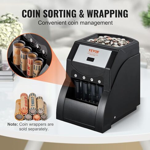 منظم العملات VEVOR، جهاز فرز العملات المعدنية بالدولار الأمريكي للعملات المعدنية 1￠، 5￠، 10￠، 25￠، قادر على تنظيم 230 عملة معدنية/الدقيقة، يتضمن وظيفة تغليف العملات المعدنية مع 4 أنابيب، سعة 200 عملة معدنية، أسود\ in Kuwait