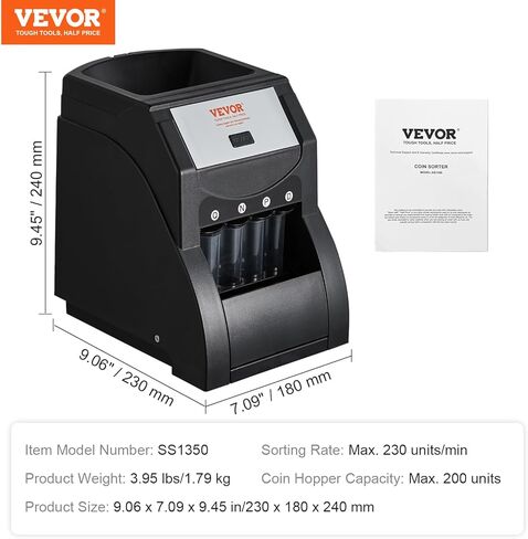 VEVOR Currency Organizer, USD Coin Sorting Device for 1￠, 5￠, 10￠, 25￠ Coins, Capable of Organizing 230 Coins/Min, Includes Coin Wrapping Function with 4 Tubes, Capacity of 200 Coins, Black\ in Saudi Arabia