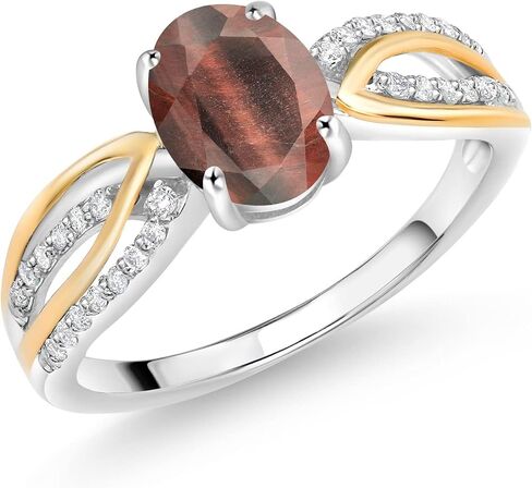 Gem Stone King 925 Sterling Silver and 10K Yellow Gold 8X6MM Oval Gemstone Birthstone and White Lab Grown Diamond Engagement Ring For Women | Available In Size 5, 6, 7, 8, 9 in Saudi Arabia