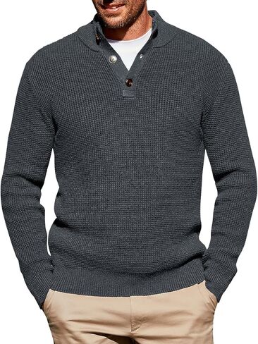Runcati Mens Stand Collar Sweater Knitted Quarter Button Pullover Casual Thermal Henley Sweaters in Kuwait