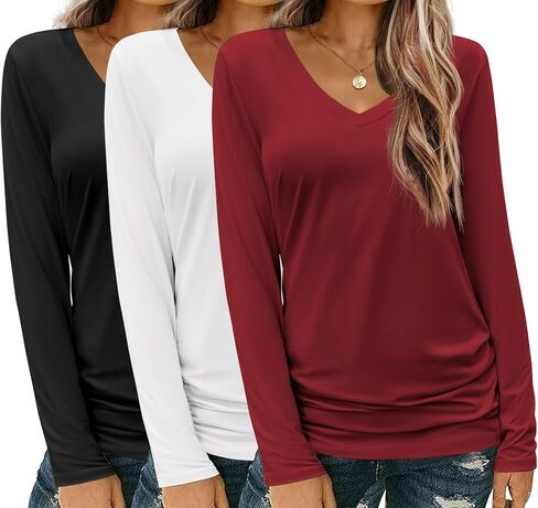 Zeagoo Womens T Shirts Long Sleeve V Neck Basic Tee Soft Casual Loose Fit Fall Tops Outfits 2024 in Saudi Arabia