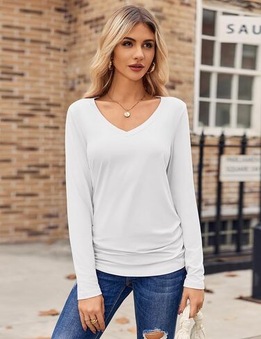 Zeagoo Womens T Shirts Long Sleeve V Neck Basic Tee Soft Casual Loose Fit Fall Tops Outfits 2024 in Saudi Arabia