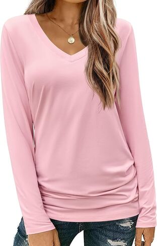 Zeagoo Womens T Shirts Long Sleeve V Neck Basic Tee Soft Casual Loose Fit Fall Tops Outfits 2024 in Saudi Arabia