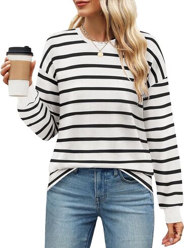 ZESICA Womens Long Sleeve Striped Shirts Fall Crewneck Casual Loose Fit Tunic Tops in Saudi Arabia