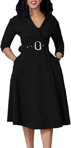 فستان Elainone نسائي 3/4 كم واسع على شكل حرف A لحفلات الزفاف وفساتين السيدات شبه الرسمية للمكتب مع حزام in Kuwait