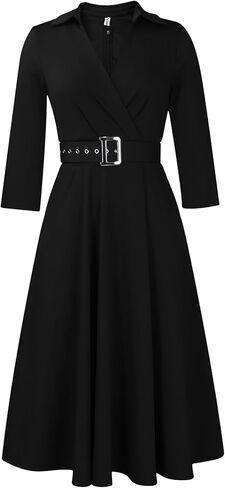 فستان Elainone نسائي 3/4 كم واسع على شكل حرف A لحفلات الزفاف وفساتين السيدات شبه الرسمية للمكتب مع حزام in Kuwait