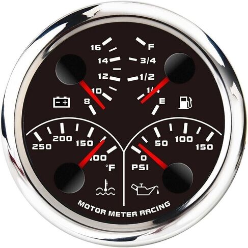 MOTOR METER RACING W Pro Series 85mm 3-3/8" 4 in 1 Multi-Function Gauge Water Temperature °F Oil Pressure PSI Fuel Level 240-33 ohms Voltage 12 Volt Black Dial White LED Waterproof in Saudi Arabia