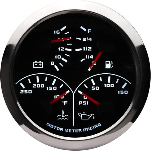 MOTOR METER RACING W Pro Series 85mm 3-3/8" 4 in 1 Multi-Function Gauge Water Temperature °F Oil Pressure PSI Fuel Level 240-33 ohms Voltage 12 Volt Black Dial White LED Waterproof in Saudi Arabia