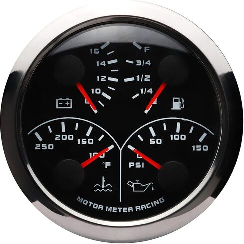 MOTOR METER RACING W Pro Series 85mm 3-3/8" 4 in 1 Multi-Function Gauge Water Temperature °F Oil Pressure PSI Fuel Level 240-33 ohms Voltage 12 Volt Black Dial White LED Waterproof in Saudi Arabia
