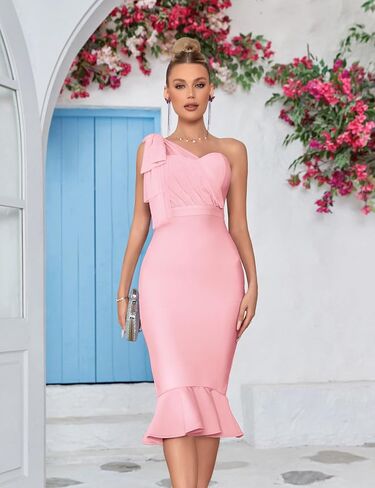 شبكة كتف واحد القوس Bodycon ميدي التخرج عيد ميلاد فستان العشاء ذيل السمكة ضمادة فستان حفلة كوكتيل in Kuwait