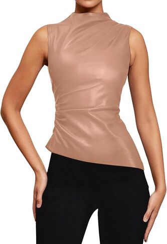 قميص CORIRESHA نسائي من الجلد الصناعي مطوي بدون أكمام ورقبة وهمية غير متماثلة in Kuwait