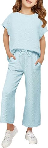 Haloumoning Girls' Clothing Sets Kids Fashion Short Sleeve Crew Neck Tops Wide Leg Pants Sweatsuit with Pocket 5-14Y in Kuwait