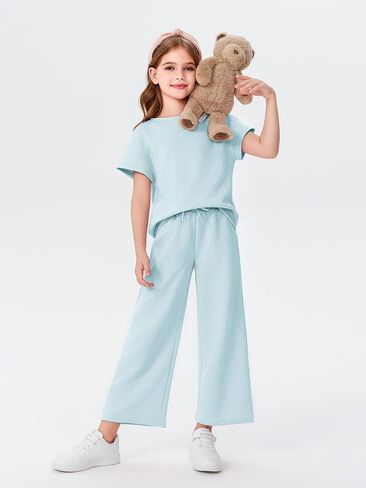 Haloumoning Girls' Clothing Sets Kids Fashion Short Sleeve Crew Neck Tops Wide Leg Pants Sweatsuit with Pocket 5-14Y in Kuwait