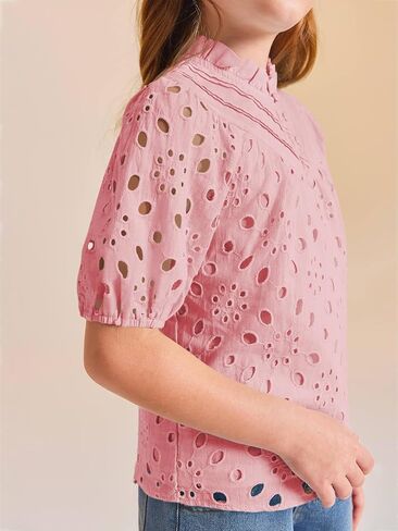 Haloumoning Girls Shirts Puff Sleeve V Neck Tops Summer Cute Hollow Out Dressy Blouses 5-14 Years in Saudi Arabia