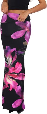 Bodycon Maxi Skirts for Women, Foldover High Waist Floral Leopard Print Flowy Pencil Long Y2k Skirts in Saudi Arabia