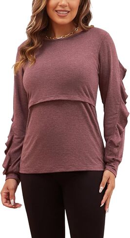 GINKANA Women's Nursing Tops Ruffle Long Sleeve Breastfeeding Double Layer Maternity Casual Tops in Saudi Arabia