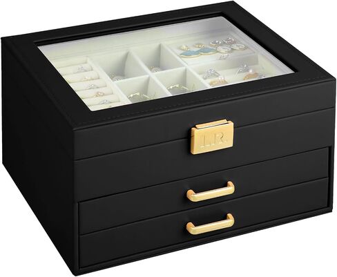 Jewelry Box For Women - 3 Layer Jewelry Organizer With Clear Lid, Large Jewelry Case With 2 Drawers For Bracelets Rings Earrings Necklace Storage, 8 x 9.2 x 5.3 Inches, White+Gold in Saudi Arabia