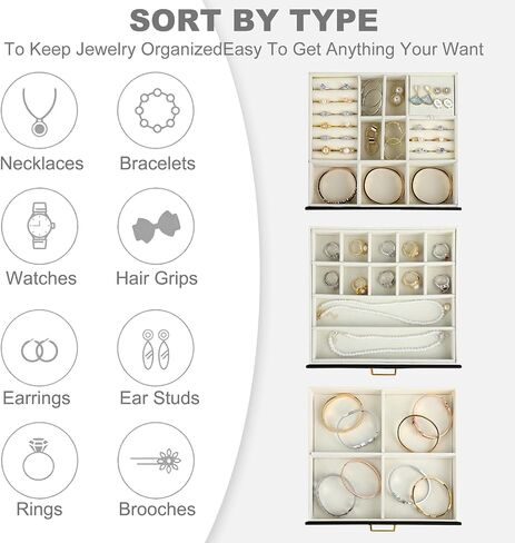 Jewelry Box For Women - 3 Layer Jewelry Organizer With Clear Lid, Large Jewelry Case With 2 Drawers For Bracelets Rings Earrings Necklace Storage, 8 x 9.2 x 5.3 Inches, White+Gold in Saudi Arabia