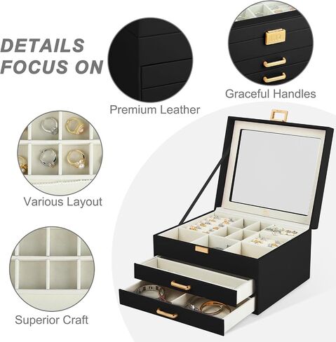 Jewelry Box For Women - 3 Layer Jewelry Organizer With Clear Lid, Large Jewelry Case With 2 Drawers For Bracelets Rings Earrings Necklace Storage, 8 x 9.2 x 5.3 Inches, White+Gold in Saudi Arabia