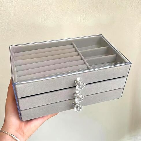 Crystal Clear View - Transparent 3-Tier Luxury Jewelry Box with Adjustable Compartments and Easy Access Drawers for Necklaces, Rings, Earrings, Lipsticks, Watches, and Bracelets (Beige) in Saudi Arabia