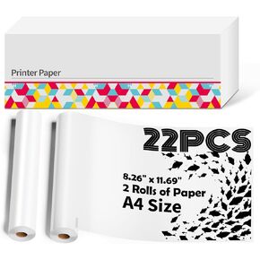 Portable Printer Thermal Paper, 2 Rolls 8.26" x 11.69" A4 Size Thermal Paper, M832 Paper Compatible with Ponek/Phomemo/Itari/Jadens/HPRT/Munbyn and Other A4 Thermal Printers