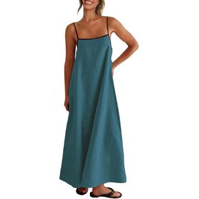 Shy Velvet Women's 2024 Summer Linen Maxi Dress Contrast Spaghetti Strap Dress Backless Sleeveless Casual Party Beach Dresses