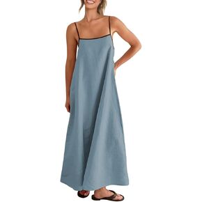 Shy Velvet Women's 2024 Summer Linen Maxi Dress Contrast Spaghetti Strap Dress Backless Sleeveless Casual Party Beach Dresses