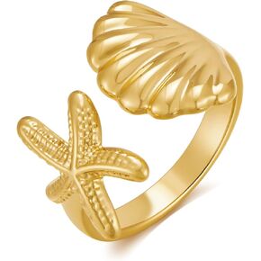 Gold Starfish Shell Open RIngs For Women Adjustable Seashell Statement Rings Summer Stackable Band Rings Boho Jewelry Gifts