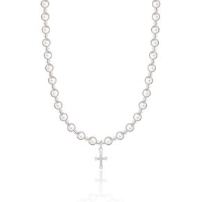 Christening Sterling Silver Child Necklace with Cross Charm and White European Simulated Pearls and Crystals (NCRSE)