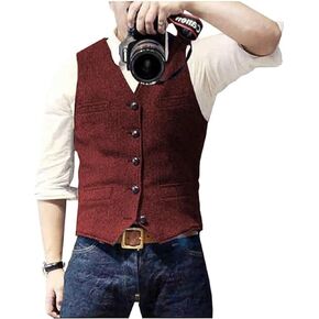 Men's Suit Vests Wool Tweed Vest V Neck Slim Fit Waistcoat Formal Business Retro for Wedding