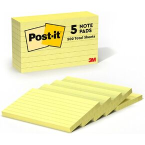 Post-it Notes, 3x5 in, 5 Pads, Canary Yellow, Clean Removal, Recyclable