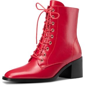 Castamere Womens Mid Chunky Block Heel Lace-up Ankle Boots Side Zipper Square Toe Short Bootie Casual Combat Boots 2.4 Inches Heels