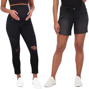 Women’s Ripped Maternity Jeans Over The Belly & Maternity Shorts Under Belly with Elastic Band Inset Bundle- Summer Casual Maternity Bermuda Shorts 7" Inseam & Pregnancy Jeans 27" Inseam